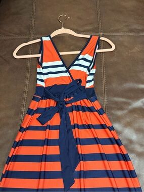 Catch my I -Striped V-Neck-back Maxi Dress w/ Tie Waist-Navy, wh. & orange #134